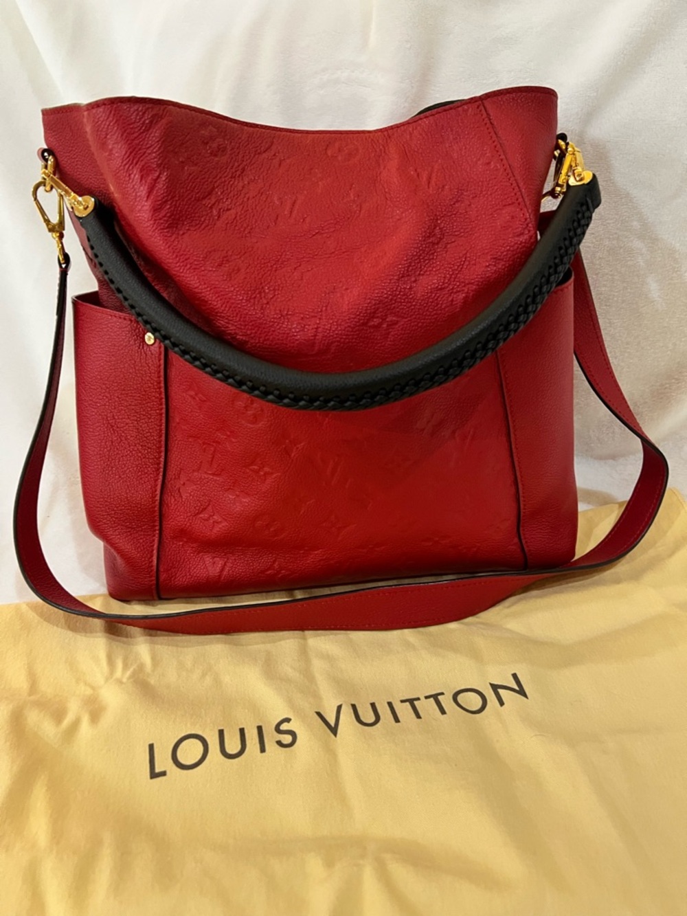Louis Vuitton Red Leather Hobo Bag with Black Braided Handle